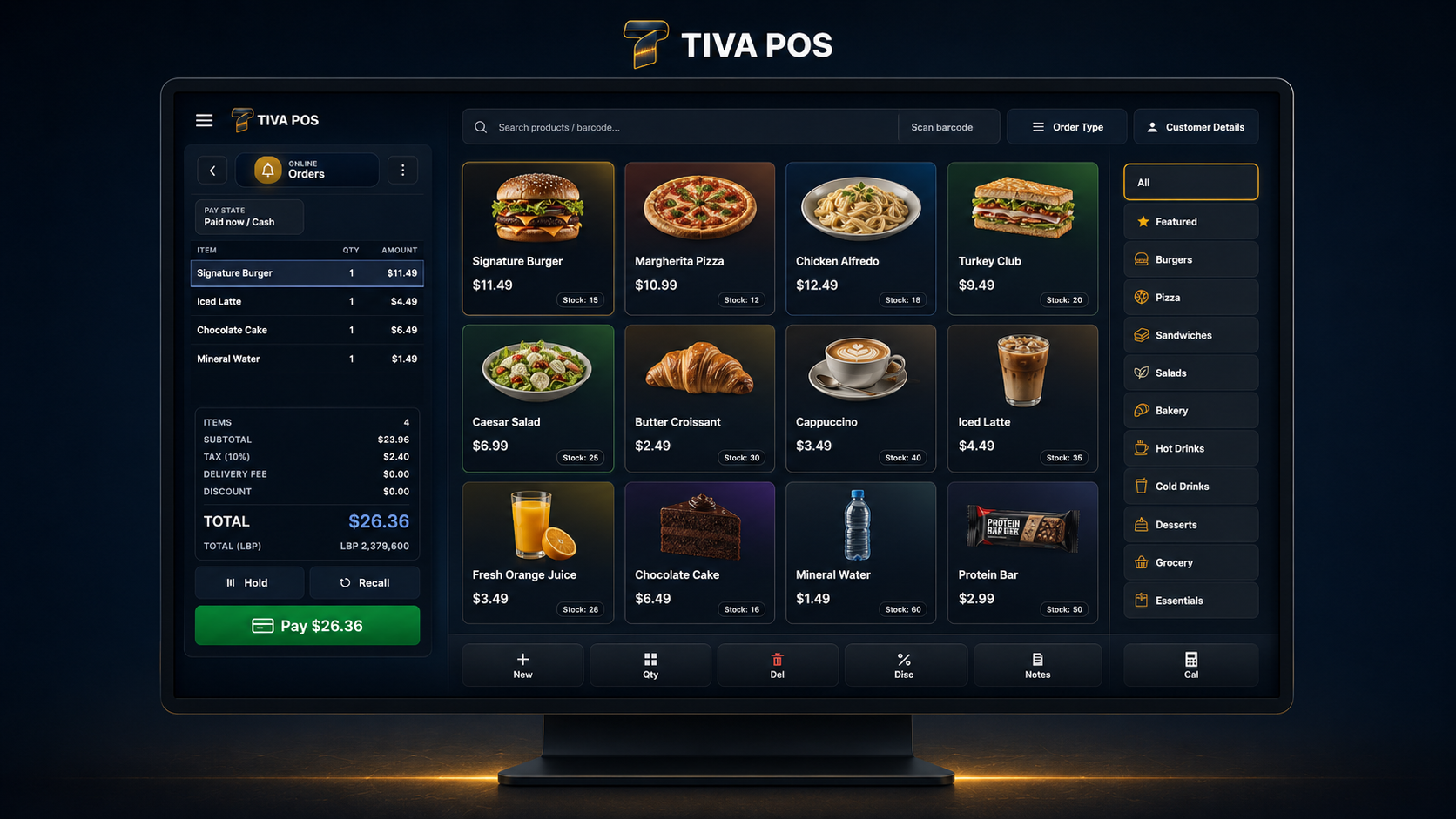 TIVA POS dashboard with professional products and categories